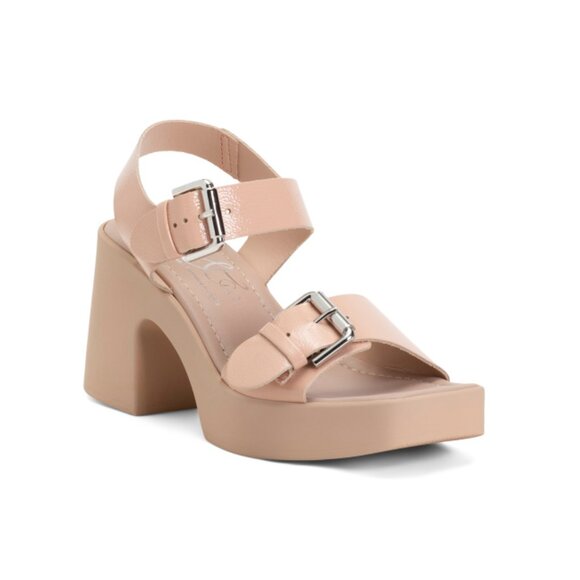 BOS. & CO. Nude Made In Italy Patent Leather Vela Heeled Sandals